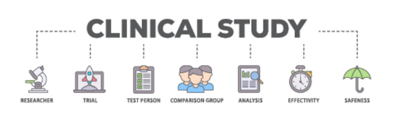 Clinical study banner web icon illustration concept with icon of researcher, trial, test person, comparison group, analysis, effectivity, and safeness icon live stroke and easy to edit 