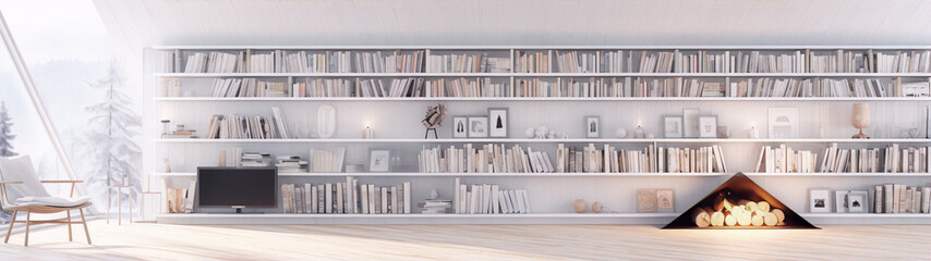 Modern minimalist living room with a fireplace and a large bookshelf. 
