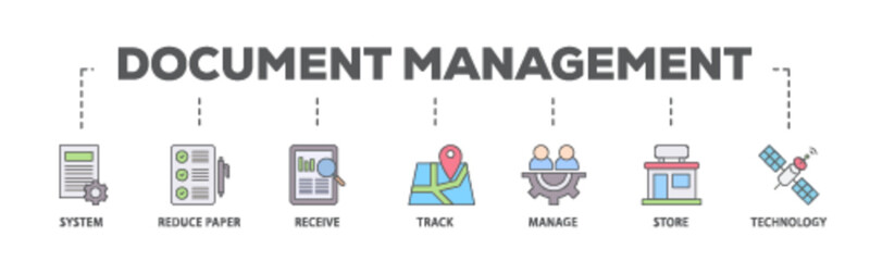 Document management banner web icon illustration concept with icon of system, reduce paper, receive, track, manage, store, cloud and technology icon live stroke and easy to edit 