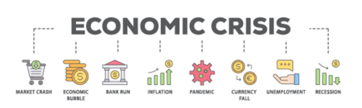 Economic crisis banner web icon illustration concept with icon of recession, unemployment, inflation, currency fall, pandemic, bank run icon live stroke and easy to edit 
