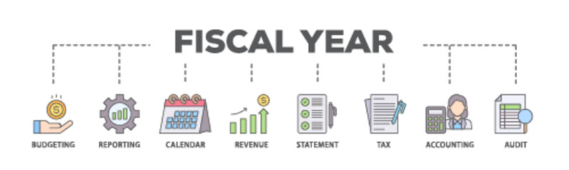 Fiscal year banner web icon illustration concept with icon of budgeting, reporting, calendar, revenue, statement, tax, accounting, audit icon live stroke and easy to edit 
