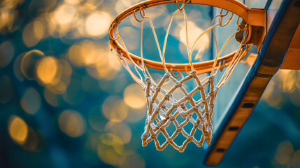 Closeup of an orange basketball rim or ring with a net, basketball indoors arena with a hoop and...