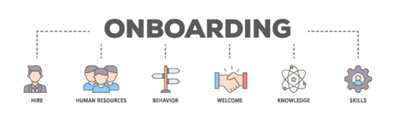 Onboarding banner web icon illustration concept with icon of behavior, welcome, knowledge, and skills  icon live stroke and easy to edit 