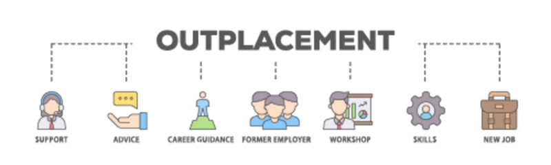 Outplacement banner web icon illustration concept with icon of mer employer, workshop, skills, new job, training, and presentation icon live stroke and easy to edit 