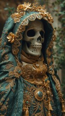 A skeleton wearing an ornate green and gold cloak with intricate details stands against a blurred background, generative ai
