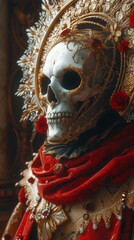 An ornate skull adorned with gold filigree and red roses, suggesting a lavish, baroque aesthetic, generative ai