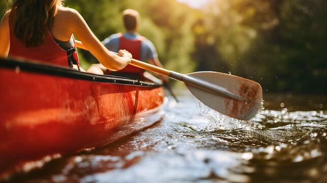 Closeup rearview photography of a couple holding paddles, man and woman sitting in a red kayak boat and canoeing on the river during the sunny summer day.Lake water sport adventure,recreational rowing