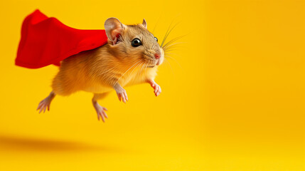 Superhero Gerbil, Cute gerbil with a red cloak jumping and flying on yellow background with copy space. The concept of a superhero, super gerbil, leader, funny animal studio shot. 