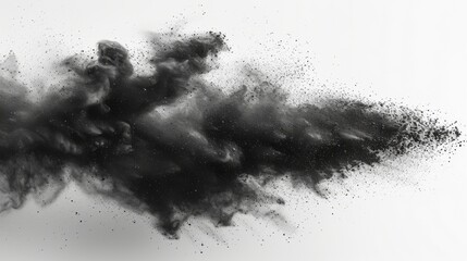 This image shows a dynamic burst of black particles or powder exploding against a white background, generative ai