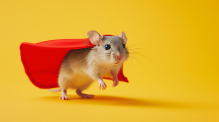 Superhero Gerbil, Cute gerbil with a red cloak jumping and flying on yellow background with copy space. The concept of a superhero, super gerbil, leader, funny animal studio shot. 