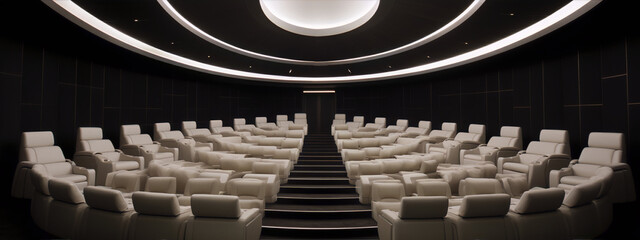 White seats in a modern cinema, inviting viewers to a luxurious movie experience. 
