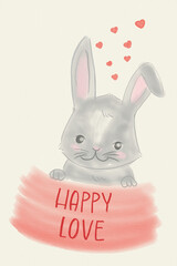 Cute animal bear bunny holding red heart for Valentine day - watercolor hand painted illustration