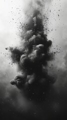 A black and white image depicting a dynamic and dense plume of smoke or particulate matter, generative ai