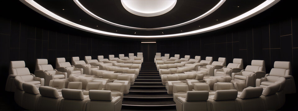 White seats in a modern cinema, inviting viewers to a luxurious movie experience. 
