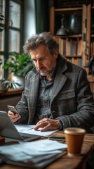 Fototapeta premium A focused man reviews documents at a wooden desk with a coffee cup beside him, generative ai