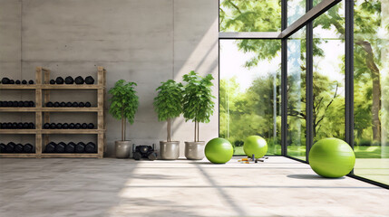 Modern minimalist home gym with green accents evokes a sense of calm and wellness. 
