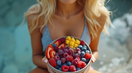 A person is holding a bowl full of colorful, assorted fresh fruits including berries and mango, generative ai