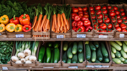 assortment of fresh vegetables neatly organized on a market stall