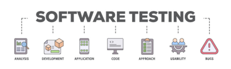 Software testing banner web icon illustration concept with icon of bugs, code, usability, approach, application, development, analysis icon live stroke and easy to edit 