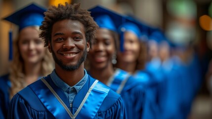 A group of happy graduates in blue caps and gowns is celebrating their commencement ceremony together, generative ai