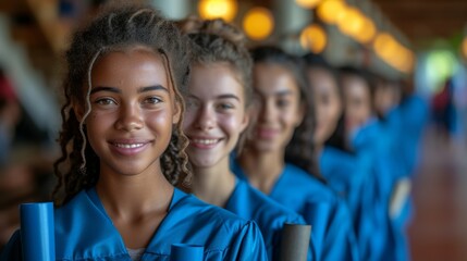 Fototapeta premium A group of smiling young graduates wearing blue gowns and holding diplomas in a line, generative ai