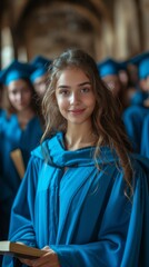 Fototapeta na wymiar A smiling woman in a blue graduation gown and cap holds a diploma, surrounded by peers, generative ai