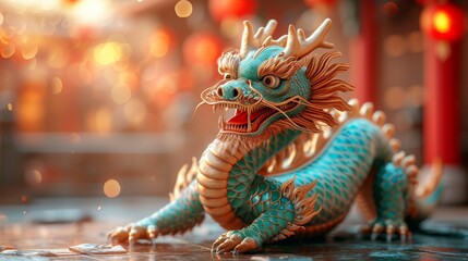 A vibrant blue and gold Chinese dragon statue with intricate details under warm, glowing red lights, generative ai