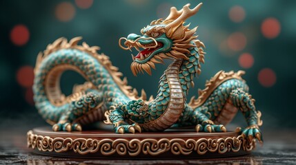 Obraz premium An intricately designed dragon statue with turquoise scales and gold details stands on a round base, generative ai