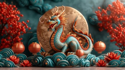 Fototapeta premium An ornate blue dragon statue sits against a moon backdrop amidst red flowers and hanging lanterns, generative ai