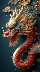 Fototapeta premium An ornate golden dragon with red scales and blue details against a dark teal background, generative ai