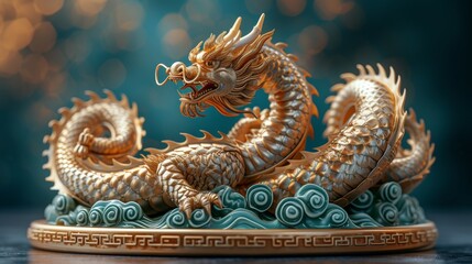 Fototapeta premium An intricate golden dragon statue with swirling clouds, exquisitely detailed scales against a bokeh light background, generative ai