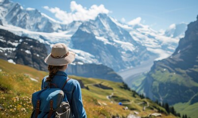 Fototapeta na wymiar Swiss Alpine Adventure: A Happy Tourist Woman, Backpack-Clad, Revels in the Daytime Splendor of Jungfraujoch, Marveling at the Panoramic Views and Snow-Capped Peaks in the Swiss Alps.