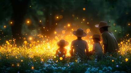 Fototapeta na wymiar A family with straw hats sits together, watching fireflies on a magical twilight in a forest glade, generative ai