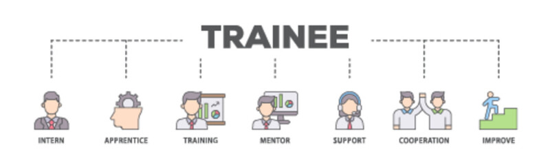Trainee banner web icon illustration concept with icon of intern, apprentice, training, mentor, support, cooperation and improve icon live stroke and easy to edit 