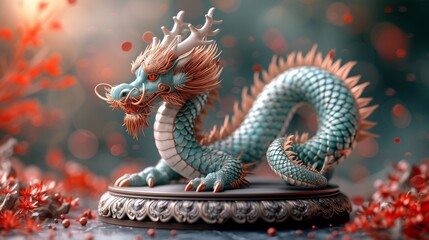Fototapeta premium A detailed, ornate dragon sculpture depicted in a stylized manner with vibrant red foliage around it, generative ai
