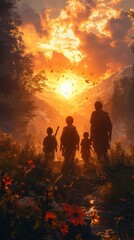 A family is silhouetted against a vibrant sunset amidst nature, exuding an aura of adventure and unity, generative ai