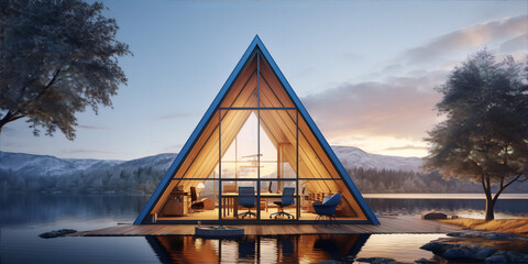 Modern A-frame house with wooden and glass exterior, reflecting in a tranquil lake, evokes a sense of peace and escape. 
