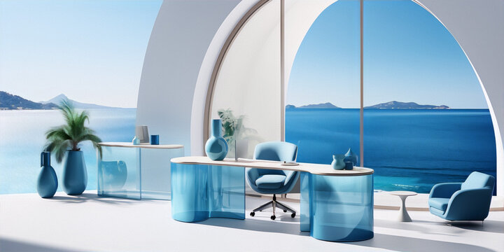 Modern blue office with ocean view, evoking tranquility and success. 
