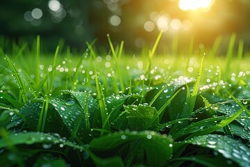 Fototapeta na wymiar grass dew rain macro fresh green eco