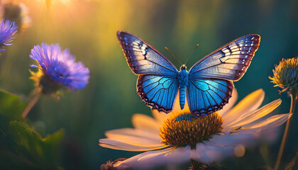 blue butterfly with rhombus-shaped wings pollinating a sunlit flower in close-up