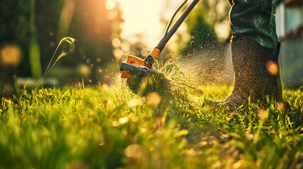 Low angle of a man cutting or trimming grass with his electric trimmer or cutter machine outdoors in his backyard on a sunny summer or spring day. House maintenance work or hobby, leisure activity - obrazy, fototapety, plakaty