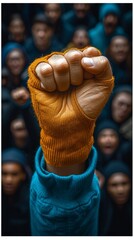 Fototapeta na wymiar A raised fist clad in an orange glove stands out against a blurred crowd background, generative ai
