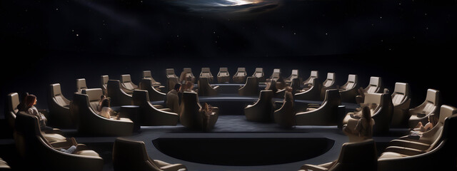 Futuristic spaceship interior with beige seats against a dark starry background, conveying a sense of wonder and anticipation for space travel. 
