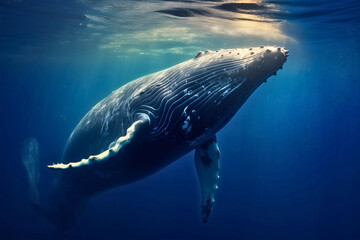 Naklejka premium Giant humpback whale animal swimming deep underwater in ocean or sea, sun rays on the surface of the body of water
