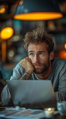Man with beard, looking thoughtful, sitting at table with laptop, under hanging lamps, appearing somewhat distressed, generative ai