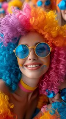 A joyful individual wearing colorful sunglasses and a vibrant wig smiles amidst a crowd at a festive event, generative ai