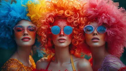 Three individuals with vibrant, curly wigs and sunglasses in a colorful, visually striking, and artistic arrangement, generative ai
