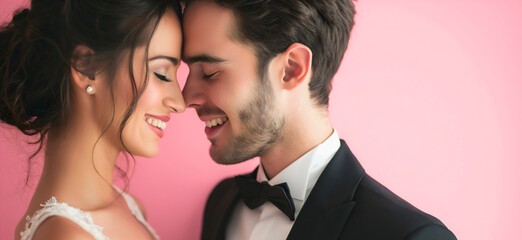 Beautiful young wedding couple, bride and groom in a studio, woman is wearing a white wedding dress, man is wearing a black tuxedo suit with white shirt and a bow tie, romantic spouses relationship