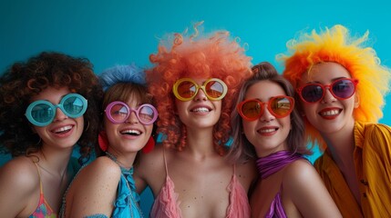 Five people with colorful wigs and sunglasses smile joyfully against a vibrant blue background, exuding happiness, generative ai