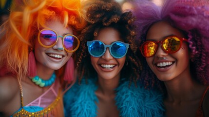Three joyful individuals with colorful hair and sunglasses are smiling brightly in a festive, vibrant setting, generative ai